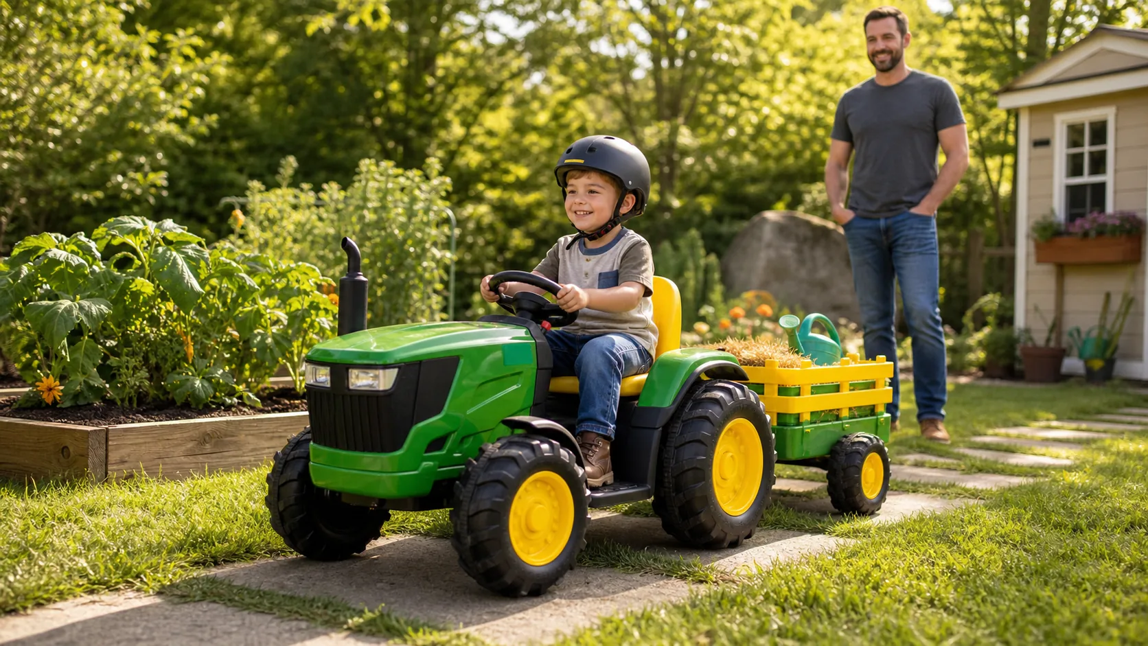 Editorial image representing Peg Perego John Deere Ground Force Tractor in use